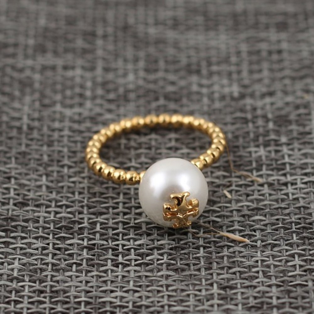 Tory Burch Milgrain Logo Pearl Ring